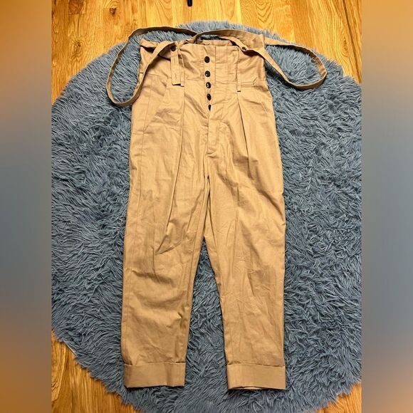 R Swiader Men’s High Rise Tapered Pants with Suspenders Beige Size M - Picture 1 of 5